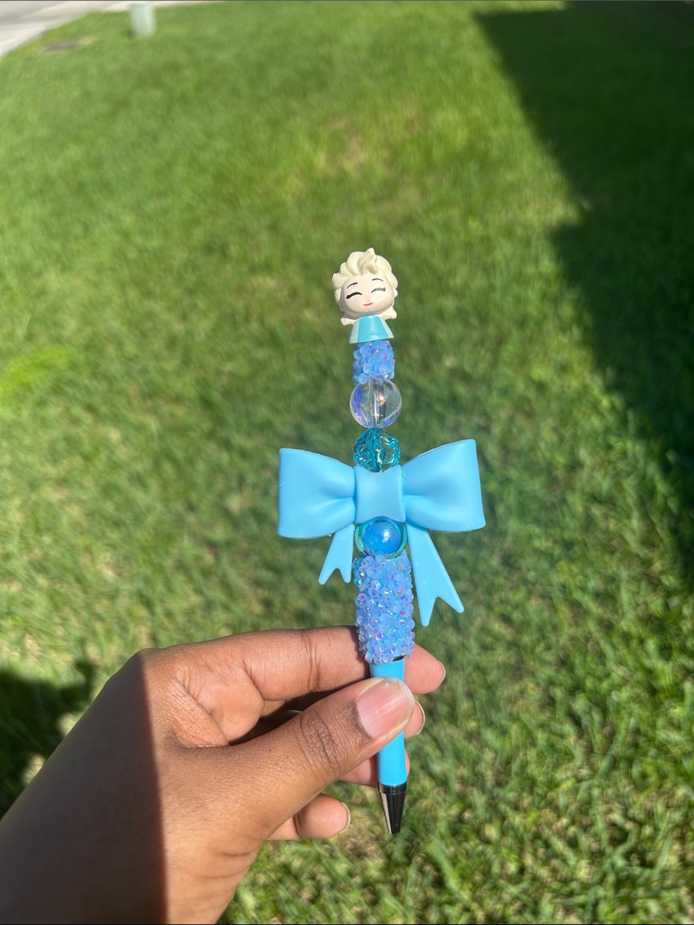 Handmade Ice Queen Beaded Pen | Custom Light Blue Rhinestone Bow Pen